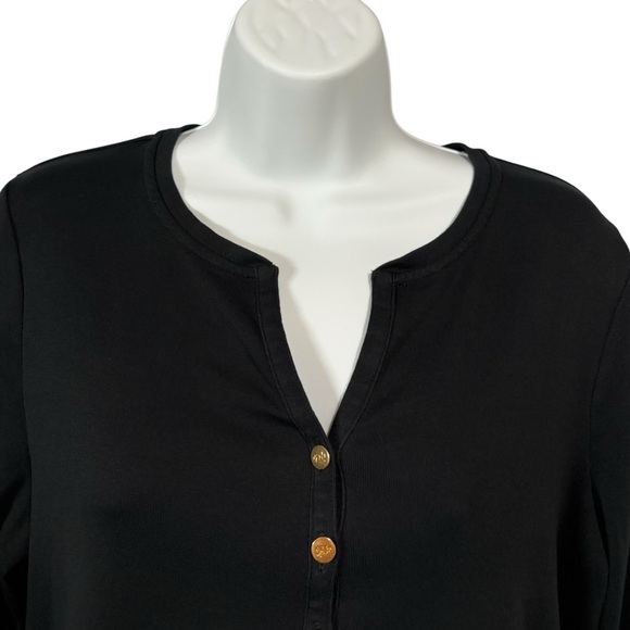 Lauren Ralph Lauren, Black Henley Top With Gold Buttons, Size XL - Picture 3 of 9